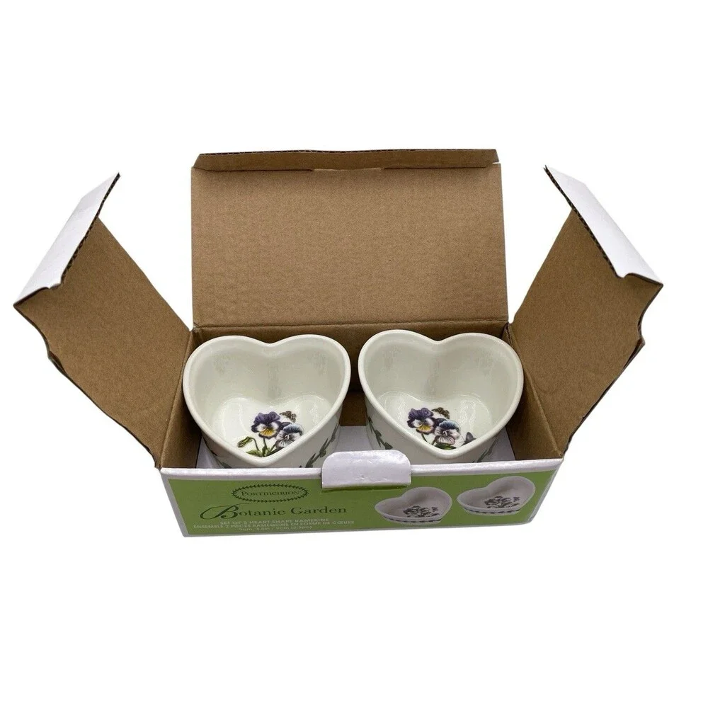 PORTMEIRION Set of 2 Botanic Garden Heart Shape Ramekins Pansies Butterflies NEW